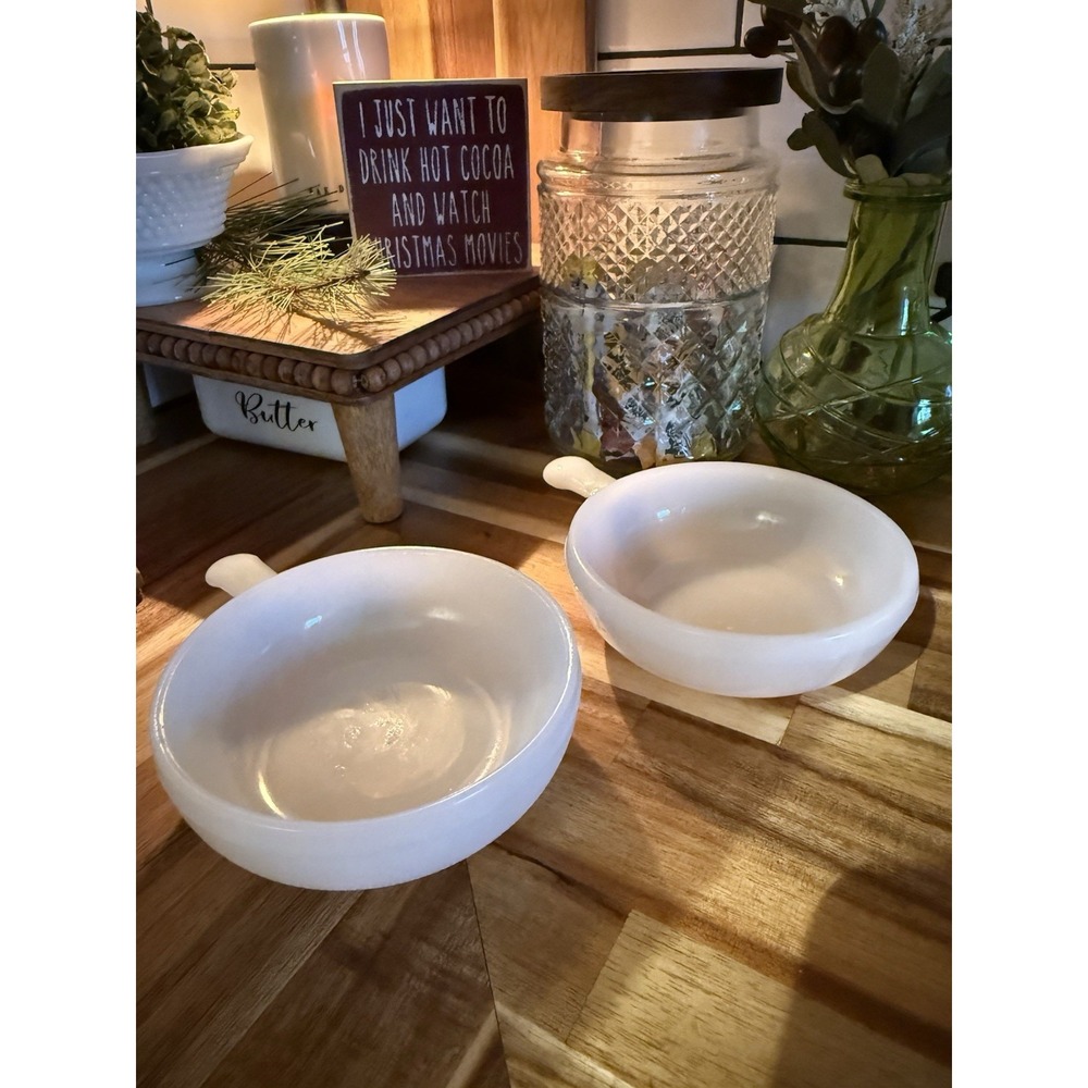 Lot of 2 Glasbake Milk Glass‎ Soup /Chili Bowls w Handles Or Baking